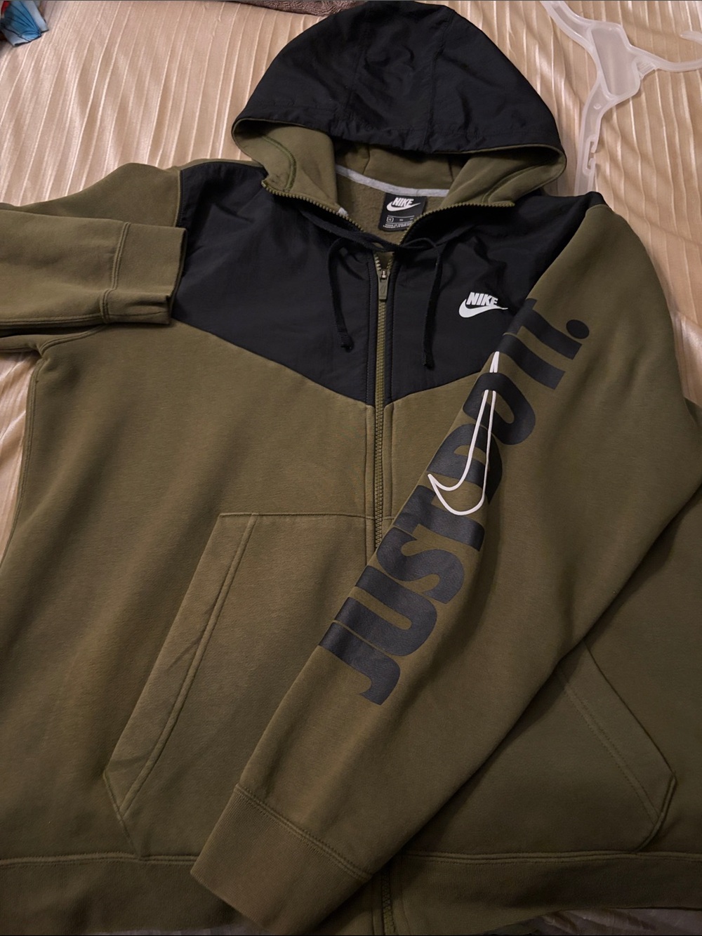 Nike Olive Green and Black Full-Zip Hoodie with 'Just Do It' Sleeve